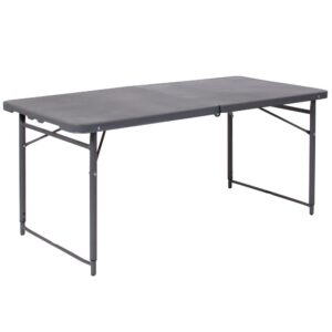 Go ahead and invite everyone to your next gathering without the worry of where they will sit. This adjustable height bi-fold plastic folding table is a great option when you need a temporary dining surface or an everyday workstation in your home or office. This versatile folding table can be dressed up or used as is with its dark colored top during holiday events