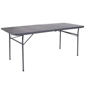 Take the stress out of hosting and say hello to the perfect solution for your seating crisis! This bi-fold plastic folding table is a great option when you need a temporary dining surface or an everyday workstation in your home or office. This versatile folding table can be dressed up or used as is with its dark colored top during holiday events