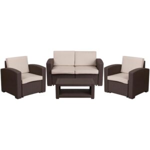 Surround yourself with loved ones and make those memories that last forever on this beautiful chocolate brown outdoor seating ensemble. The durable resin frame offers a stylish appearance which replicates rattan. Deep seating enhances the comfort level. Beige all-weather cushions will hold up all season long. Clean up spills with a water-based cleaner or the cushions are zipper removable for washing purposes when spot cleaning just isn't enough. The table features a lower shelf for storage of your dining or relaxing essentials so just relax and let your worries go.