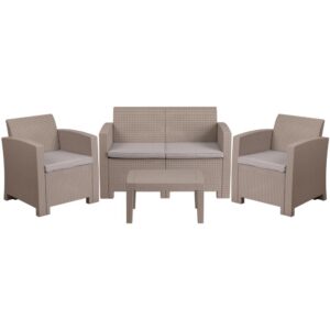 Surround yourself with loved ones and make those memories that last forever on this beautiful light gray outdoor seating ensemble. The durable resin frame offers a stylish appearance which replicates rattan. Deep seating enhances the comfort level. Light gray all-weather cushions will hold up all season long. Clean up spills with a water-based cleaner or the cushions are zipper removable for washing purposes when spot cleaning just isn't enough. The table features a lower shelf for storage of your dining or relaxing essentials so just relax and let your worries go.