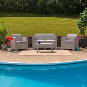 Surround yourself with loved ones and make those memories that last forever on this beautiful light gray outdoor seating ensemble. The durable resin frame offers a stylish appearance which replicates rattan. Deep seating enhances the comfort level. Light gray all-weather cushions will hold up all season long. Clean up spills with a water-based cleaner or the cushions are zipper removable for washing purposes when spot cleaning just isn't enough. The table features a lower shelf for storage of your dining or relaxing essentials so just relax and let your worries go.