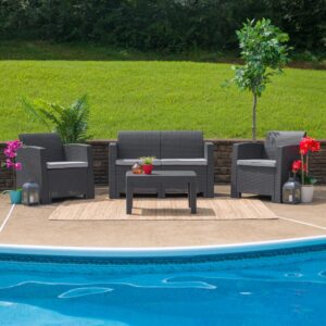 Surround yourself with loved ones and make those memories that last forever on this beautiful dark gray outdoor seating ensemble. The durable resin frame offers a stylish appearance which replicates rattan. Deep seating enhances the comfort level. Light gray all-weather cushions will hold up all season long. Clean up spills with a water-based cleaner or the cushions are zipper removable for washing purposes when spot cleaning just isn't enough. The table features a lower shelf for storage of your dining or relaxing essentials so just relax and let your worries go.