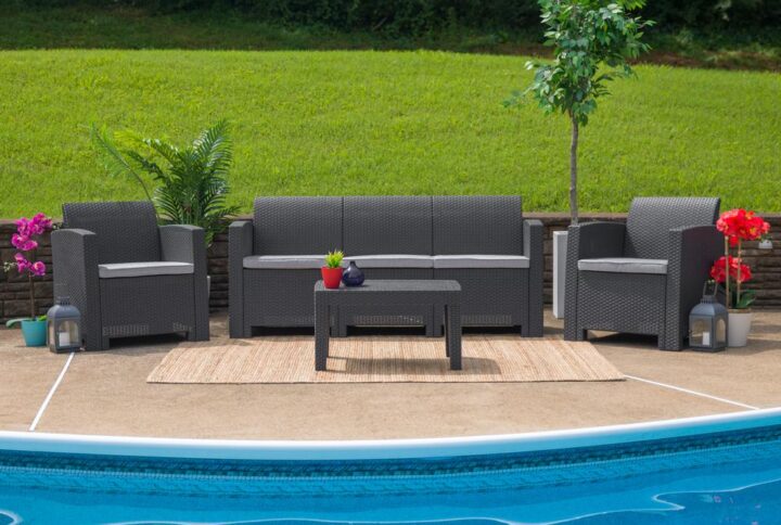Surround yourself with loved ones and make those memories that last forever on this beautiful dark gray outdoor seating ensemble. The durable resin frame offers a stylish appearance which replicates rattan. Deep seating enhances the comfort level. Light gray all-weather cushions will hold up all season long. Clean up spills with a water-based cleaner or the cushions are zipper removable for washing purposes when spot cleaning just isn't enough. The table give you a place to set your dining or relaxing essentials so just relax and let your worries go.