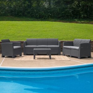 Surround yourself with loved ones and make those memories that last forever on this beautiful dark gray outdoor seating ensemble featuring a sofa