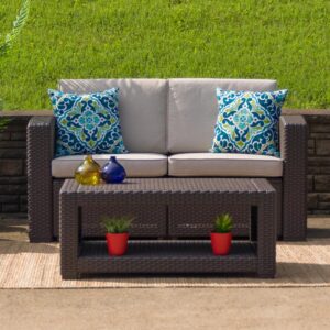 Create an amazing outdoor space with this comfortable and stylish chocolate brown patio loveseat. The durable resin frame offers a stylish appearance which replicates rattan. Deep seating enhances the comfort level. Beige all-weather cushions will hold up all season long. Clean spills with a water-based cleaner or the cushions are zipper removable for washing purposes. Curl up with your latest read