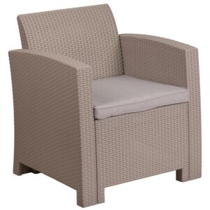 Create an amazing outdoor space with this comfortable and stylish light gray patio chair. The durable resin frame offers a stylish appearance which replicates rattan. Deep seating enhances the comfort level. Light gray all-weather cushions will hold up all season long. Clean spills with a water-based cleaner or the cushions are zipper removable for washing purposes. Curl up with your latest read
