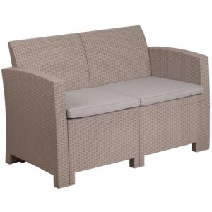 Create an amazing outdoor space with this comfortable and stylish light gray patio loveseat. The durable resin frame offers a stylish appearance which replicates rattan. Deep seating enhances the comfort level. Light gray all-weather cushions will hold up all season long. Clean spills with a water-based cleaner or the cushions are zipper removable for washing purposes. Curl up with your latest read