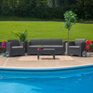 Create an amazing outdoor space with this comfortable and stylish dark gray patio sofa. The durable resin frame offers a stylish appearance which replicates rattan. Deep seating enhances the comfort level. Light gray all-weather cushions will hold up all season long. Clean spills with a water-based cleaner or the cushions are zipper removable for washing purposes. Curl up with your latest read