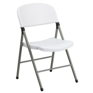 Feel free to host the holidays this year or plan the perfect event or gathering with this Granite White Plastic Folding Chair with Gray Frame. A practical choice for party rental companies