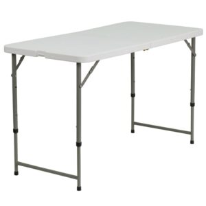Ensure you have enough surface space for any function and take the stress out of hosting your next gathering. This rectangular bi-fold folding adjustable height table is 4 feet long and is beneficial in a multitude of settings that include banquet halls