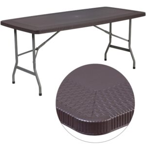 This attractively designed folding table will add some pizzazz to your residential or commercial space. The table top features a decorative rattan border. The center umbrella hole has a cap to cover the hole for a clean surface appearance when an umbrella isn't inserted. The dark surface blends with a variety of decor. Stow it out of the way when not in use