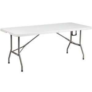 Ensure you have enough surface space for any function and take the stress out of hosting your next gathering. This rectangular bi-fold folding table is 6 feet long and is beneficial in a multitude of settings that include banquet halls