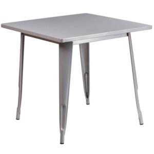 indoor-outdoor metal cafe-style table will add a pop of color and a touch of industrial chic to your home or corner bistro. Its space saving design will comfortably accommodate 4 chairs. The table top measures 31.5 inches square and has a smooth top with a 1 inch edge. A stabilizing brace underneath the top gives this table increased stability while still allowing ample leg room. A powder coat finish ensures easy maintenance and floor glides protect your floor by sliding smoothly when you need to move the table. Designed for both commercial and residential use