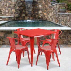 The indoor-outdoor square metal cafe table with four arm chairs  will give your dining room or bar decor a cool retro-vintage look. The table top measures 31.5 inches square and has a smooth top with a 1 inch edge. A stabilizing brace underneath the top gives this table increased stability while still allowing ample leg room. The arm chairs feature curved backs with a vertical slat