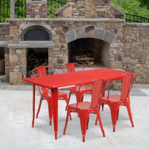 The indoor-outdoor rectangular metal table with four stack chairs will give your dining room or restaurant a cool retro-vintage look. The table top measures 31.5 inches wide by 63 inches long and has a smooth top with a 1 inch edge. A stabilizing brace underneath the top gives this table increased stability while still allowing ample leg room. The bistro style chairs feature curved backs with a vertical slat and a cross brace under the seat for added support and stability. Plastic bumpers on the cross brace protect the stools' finish when stacking them. Drain holes in the center of the seat allow water to drain