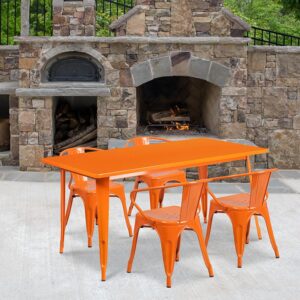 The indoor-outdoor rectangular metal table with four arm chairs will give your dining room or restaurant a cool retro-vintage look. The table top measures 31.5 inches wide by 63 inches long and has a smooth top with a 1 inch edge. A stabilizing brace underneath the top gives this table increased stability while still allowing ample leg room. The arm chairs feature curved backs with a vertical slat
