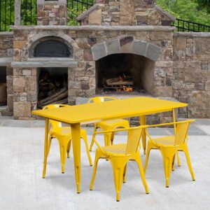 The indoor-outdoor rectangular metal table with four arm chairs will give your dining room or restaurant a cool retro-vintage look. The table top measures 31.5 inches wide by 63 inches long and has a smooth top with a 1 inch edge. A stabilizing brace underneath the top gives this table increased stability while still allowing ample leg room. The arm chairs feature curved backs with a vertical slat