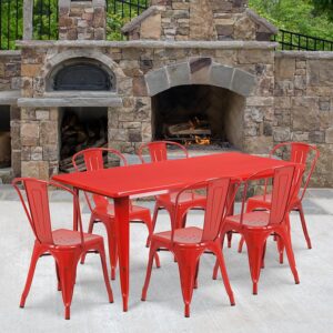 The indoor-outdoor rectangular metal table with six stack chairs will give the dining space in your home or restaurant a cool retro-vintage look. The table top measures 31.5 inches wide by 63 inches long and has a smooth top with a 1 inch edge. A stabilizing brace underneath the top gives this table increased stability while still allowing ample leg room. The bistro style chairs feature curved backs with a vertical slat