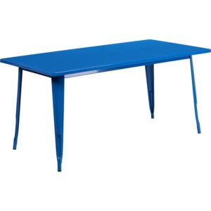indoor-outdoor metal cafe-style table will add a pop of color and a touch of industrial chic to your business or your dining room at home. Measuring 31.5 inches wide by 63 inches long