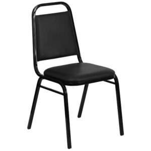 This commercial grade banquet chair with trapezoidal back design fits well in formal and casual settings from wedding ceremonies to corporate meetings and awards banquets. The chair's cushioned back and 1.5" thick foam seat are covered with durable vinyl upholstery. Its sturdy