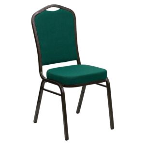 Make an impressive presentation in your banquet hall when clients come to visit your facility with these ballroom chairs. Built for the commercial industry these popular crown back banquet chairs have been tested to hold up to 500 pounds. With a high seating capacity these stack chairs are perfect for the event rental business. This standout hospitality chair can be used as is and still command attention or be dressed up for formal events by placing a chair cover over it. The chair is cushioned with 2.5" thick CAL 117 fire retardant foam and is covered in durable upholstery for high usage. The sturdy frame with gracefully angled legs are made of 16 gauge steel in a lasting powder coated finish. Double support braces reinforce the frame to give it great strength and durability. Bumper guards prevent scratches on the frame when stacked (up to 15 high) and non-marring floor glides protect your floor by sliding smoothly when you need to move the chair. This multi-use stacking upholstered stack chair is an excellent option for churches