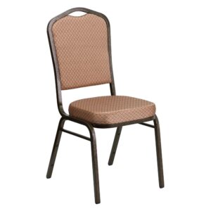 Make an impressive presentation in your banquet hall when clients come to visit your facility with these ballroom chairs. Built for the commercial industry these popular crown back banquet chairs have been tested to hold up to 500 pounds. With a high seating capacity these stack chairs are perfect for the event rental business. This standout hospitality chair can be used as is and still command attention or be dressed up for formal events by placing a chair cover over it. The chair is cushioned with 2.5" thick CAL 117 fire retardant foam and is covered in durable upholstery for high usage. The sturdy frame with gracefully angled legs are made of 16 gauge steel in a lasting powder coated finish. Double support braces reinforce the frame to give it great strength and durability. Bumper guards prevent scratches on the frame when stacked (up to 15 high) and non-marring floor glides protect your floor by sliding smoothly when you need to move the chair. This multi-use stacking upholstered stack chair is an excellent option for churches