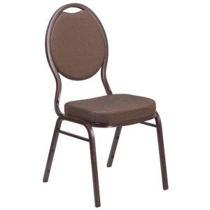 The right chair can elevate the look of your event. The effortless beauty of this commercial grade banquet chair with teardrop back design fits well in formal and casual settings from wedding ceremonies to corporate meetings and awards banquets. The chair's cushioned back and 2.5" thick foam seat are covered in beautiful brown patterned fabric upholstery. Its sturdy