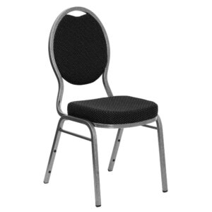 The right chair can elevate the look of your event. The effortless beauty of this commercial grade banquet chair with teardrop back design fits well in formal and casual settings from wedding ceremonies to corporate meetings and awards banquets. The chair's cushioned back and 2.5" thick foam seat are covered in beautiful black patterned fabric upholstery. Its sturdy