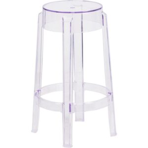 Outfit your modern indoor or outdoor dining area with this transparent polycarbonate stackable stool with a drain hole seat. The raised
