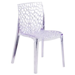 Create a beautiful and artistic statement with this transparent accent chair. You will fall in love with this chair with its intricate cut-out design. The transparency of the chair allows it to take up less space visually as with a solid chair. This chair was crafted with an ingenious combination of lightness and strength. Due to its stacking capabilities