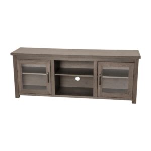 Refresh the look of your living space and add much needed storage with this on-trend TV stand for up to 80" TV's. This versatile engineered wood 3 shelf media console features glass fronted doors and a cord management port to keep your wires and cords tamed. Moving to a new home? Add the updated look of this media center in any room for an instant upgrade.When you're ready for a change of pace