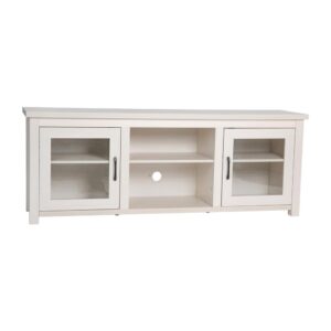 Refresh the look of your living space and add much needed storage with this on-trend TV stand for up to 80" TV's. This versatile engineered wood 3 shelf media console features glass fronted doors and a cord management port to keep your wires and cords tamed. Moving to a new home? Add the updated look of this media center in any room for an instant upgrade.When you're ready for a change of pace