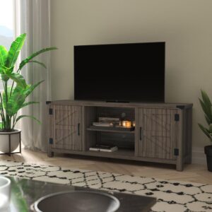 this versatile engineered wood barn door TV stand holds up to a 65 inch TV and features 4 cord management ports to keep your wires and cords exactly where you want them instead of a tangled mess. Media consoles aren't just for holding the big screens anymore