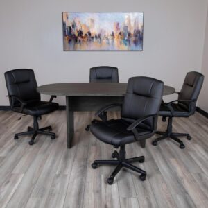 Have a dedicated meeting space for your staff to discuss projects and brainstorm around this classic conference table. The 6' conference room table is sized perfectly for small groups with seating for six. The boardroom table is shaped appropriately to be seen by each member as they provide their verbal input. Panel legs have screw-in adjustable feet to level the unit on uneven floor surfaces while the middle panel adds stability. Laminate surfaces are easy to wipe clean whether used frequently or on occasion. If you have a large enough space in your office this racetrack conference table will give you a dedicated meeting space without having to leave the office. Bring your team together on a regular basis when you have a true conference space where everyone is comfortable bringing their ideas to the table.