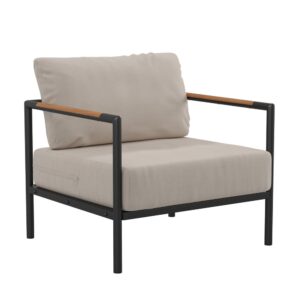 Enjoy your morning matcha tea or favorite coffee while you watch the sun come up when you purchase this modern indoor/outdoor patio chair. Boasting a black metal frame with teak accented arms as well as included back and seat cushions