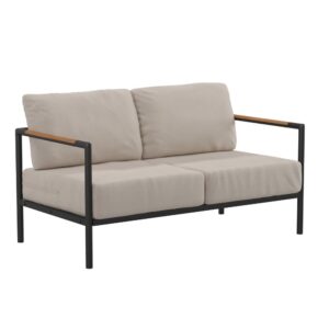Enjoy your morning matcha tea or favorite coffee while you watch the sun come up when you purchase this modern indoor/outdoor loveseat. Boasting a black metal frame with teak accented arms as well as included back and seat cushions