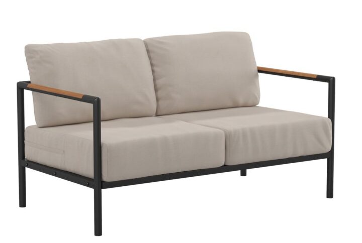 Enjoy your morning matcha tea or favorite coffee while you watch the sun come up when you purchase this modern indoor/outdoor loveseat. Boasting a black metal frame with teak accented arms as well as included back and seat cushions