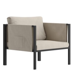 Entertain friends and family on the deck or patio and meet outdoors with clients in upmarket style when you purchase this stylish patio chair. Boasting a black metal frame with included Beige back and seat cushions as well as storage pockets