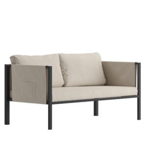 Entertain friends and family on the deck or patio and meet outdoors with clients in upmarket style when you purchase this stylish loveseat. Boasting a black metal frame with included Beige back and seat cushions as well as storage pockets