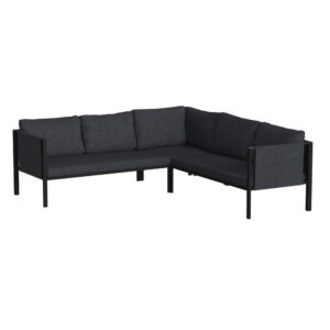 Entertain friends and family on the deck or patio and meet outdoors with clients in upmarket style when you purchase this stylish sectional. Boasting a black metal frame with included charcoal back and seat cushions as well as storage pockets