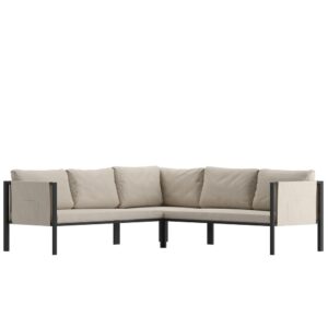 Entertain friends and family on the deck or patio and meet outdoors with clients in upmarket style when you purchase this stylish sectional. Boasting a black metal frame with included Beige back and seat cushions as well as storage pockets