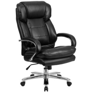 This Big & Tall LeatherSoft Executive Office Chair is an ideal chair for larger and taller professionals who spend long hours sitting behind a desk. An extended upper back with integrated headrest and built-in lumbar support reinforces healthy posture. The 22" wide swivel seat is double padded with 4" of foam. LeatherSoft is leather and polyurethane for added softness and durability. Raise or lower the seat using the pneumatic height adjustment lever for a custom fit. Generously padded loop arms reduce pressure on the shoulders and neck providing additional comfort. Turn the tilt tension adjustment knob to increase or decrease the amount of force needed to rock or recline and lock the seat in place with the tilt lock mechanism. This sturdy chair has a heavy duty chrome base