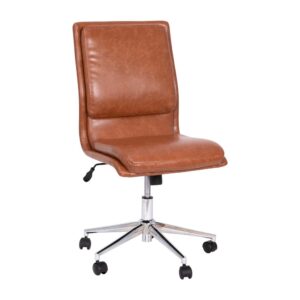 armless design allows this elegant chair to tuck beneath your desk or other workstation and lets you enter or exit from multiple angles. Premium materials and durable construction make this beautifully appointed swivel chair a must have for daily use. A solid wood seat and 5-star chrome base give a worry-free seating experience and hold up to 250 lbs. static weight capacity while the 360° swivel feature