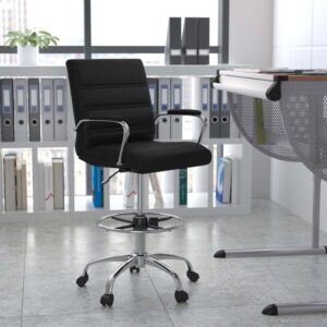 Be comfortable and stylish whether you're working at your desk or higher surfaces with this height adjustable drafting chair. Covered in soft and durable black LeatherSoft upholstery with ribbed stitching