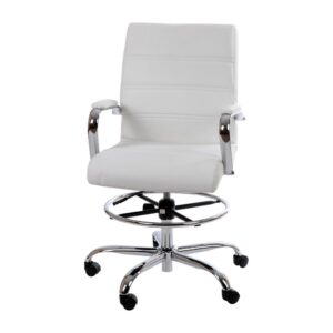 this modern drafting chair brings subtle sophistication to any area. The padded arms provide tension relief for your neck and shoulders to ease strain and help maintain productivity.  Working long hours can be stressful on the mind and body so comfortable seating is a must. The contoured mid-back design provides built-in lumbar support while the height adjustable foot ring and waterfall seat will ease pressure on your legs no matter your seat height. Adjust the seat from counter to bar height with the pneumatic lever under the seat and reach any work surface with the 360° swivel. The chrome column atop a 5-star chrome base with dual-wheel casters will provide stable seating and smooth movement to get you where you need to go.  Be ready to work in 30 minutes or less with the included step-by-step illustrated instructions. Wipe down your new drafting chair with a damp cloth to keep it looking new.