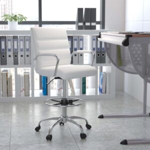 Be comfortable and stylish whether you're working at your desk or higher surfaces with this height adjustable drafting chair. Covered in soft and durable white LeatherSoft upholstery with ribbed stitching