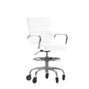 this modern drafting chair brings subtle sophistication to any area. The padded arms provide tension relief for your neck and shoulders to ease strain and help maintain productivity.  Working long hours can be stressful on the mind and body so comfortable seating is a must. The contoured mid-back design provides built-in lumbar support while the height adjustable foot ring and waterfall seat will ease pressure on your legs no matter your seat height. Adjust the seat from counter to bar height with the pneumatic lever under the seat and reach any work surface with the 360° swivel. The chrome column atop a 5-star chrome base with smooth ball-bearing polyurethane tires will provide stable seating and excellent mobility to get you where you need to go.  Be ready to work in 30 minutes or less with the included step-by-step illustrated instructions. Wipe down your new drafting chair with a damp cloth to keep it looking new.