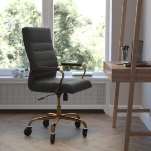 Comfort and style abound in this high-back LeatherSoft office chair with a contrasting gold frame and updated ball-bearing roller style wheels making it the perfect seating solution for your workspace. Crafted from premium materials