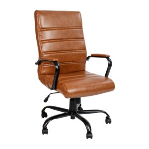 this high-back LeatherSoft office chair is the perfect seating solution for your workspace. Crafted from brown LeatherSoft material with black arms and a black base