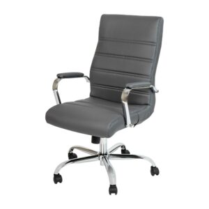 this high-back LeatherSoft office chair is the perfect seating solution for your workspace. Crafted from gray LeatherSoft material with chrome arms and base